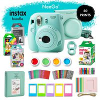 NeeGo Instax Mini 9 Instant Camera Bundle - Deluxe Kit with Camera, Matching Case & 4 Fun Film Packs-Rainbow, Stained Glass, Monochrome & White 50 Exposures for Instant Creative Photos-Ice Blue