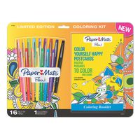 Paper Mate Flair Felt Tip Pens, Medium Point, Assorted Colors with Positive Postcards Adult Coloring Book, 17 Count
