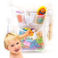Tub Cubby Bath Toy Organizer + Baby Rubber Ducky - 14"x20 Mold Resistant Mesh Net Basket - 3 Soap Shampoo Dividers - Keeps Kids Bathtub Games Dry - Suction & Sticker Hooks Shower Caddy Storage Bin Set