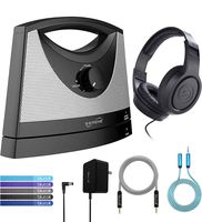 Serene Innovations TV SoundBox Wireless TV Speaker Bundle with Samson SR350 Headphones, 4' Aux Cable, Blucoil Slim 9V 1500ma Power Supply AC Adapter, 6' 3.5mm Extension Cable, and 5X Cable Ties