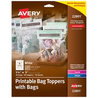 Avery Printable Bag Toppers for Laser & Inkjet Printers, Bags Included, 1.75" x 5", Pack of 40 (22801), White