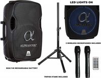 Alphasonik 15" Portable Rechargeable Battery Powered 1500W PRO DJ Amplified Loud Speaker with 2 Wireless Microphones Echo Bluetooth USB SD Card AUX MP3 FM Radio PA System LED Ring Karaoke Tripod Stand