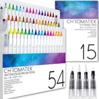 54 Watercolor Brush Pens, 15 Page Pad & Online Video Tutorial Series by Chromatek. Real Brush Tip. 4 Blending Brushes. Easily Blendable. Vivid. Smooth. 50 Unique Colors. Professional Art Supplies.