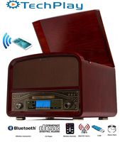 TechPlay TCP9560BT CH, Bluetooth 20W Retro Wooden 3 Speed Turntable with CD Player, AM/FM Radio, USB Recording & Playback with Remote Control - Cherry wood color