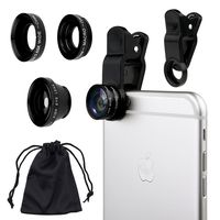 Universal 3 in 1 Cell Phone Camera Lens Kit for Smartphones Including - Fish Eye Lens / 2 in 1 Macro Lens & Wide Angle Lens/Universal Clip/Carry Pouch/Microfiber Cleaning Cloth