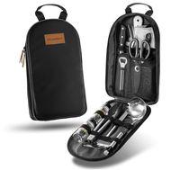 Camp Kitchen Utensil Organizer Travel Set Portable BBQ Camping Cookware Utensils Travel Kit Water Resistant Case|Cutting Board|Rice Paddle|Tongs|Scissors|Knife and Bottle Opener (New Version Black)