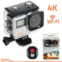 iFox Creations Sports Action Camera 4k WiFi with Dual Screen HD Waterproof Video Cam with 170 Degree Wide Angle Lens. Remote Control, 17 Mounting Accessory Kits and 16MP Photo - Silver