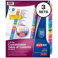 Avery 31-Tab Dividers for 3 Ring Binders, Customizable Table of Contents, Multicolor Tabs, 3 Sets (44129)