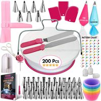 200 Pcs Cake Decorating Supplies Kit for Beginners-1 Cake Turntable Stand with Piping bags and Tips -2 Spatula-Cake Leveler & Icing Smoother-55 Piping tips & Nozzles-Baking tools -20 Cupcake liners