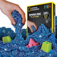 NATIONAL GEOGRAPHIC Sparkling Play Sand - 2 LBS of Shimmering Sand with Castle Molds and Tray (Blue) - A Kinetic Sensory Activity