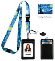 Vincent Van Gogh The Starry Night Print Lanyard with PU Leather ID Badge Holder Wallet with 3 Card Pockets, Safety Breakaway Clip & Matching Note Card. Gift of Carabiner Keychain Flashlight.