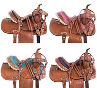 Acerugs Western Children Pleasure Trail Barrel Racing Leather Tooled Crystal Show Youth Kids Horse Pony Saddle Free TACK Set Included (Blue, 10)