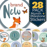 Baby Month & Milestone Stickers - 28 Pack - Baby Boy Onesie Belly Stickers. Includes 12 Monthly, 1st Year milestones & First Holidays. Perfect Baby Shower & Newborn Birthday Gift. (Woodland)