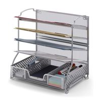 Simple Trending 5-Trays Mesh Desk File Organizer Vertical Document Letter Tray Wall File Holder with Drawer Organizer for Office Home, Silver