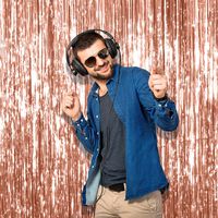 Rose Gold Metallic Foil Fringe Curtain 3 x 8 Feet Tinsel Pack of 1 Photo Booth Props for Birthday Bachelorette Wedding Engagement Bridal Shower Graduation Retirement Party Decorations