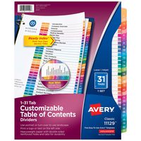 Avery 31-Tab Dividers for a 3 Ring Binders, Customizable Table of Contents, Multicolor Tabs, 1 Set (11129)