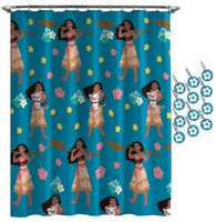 Jay Franco Disney Moana Flower Power Shower Curtain & 12-Piece Hook Set & Easy Use - Kids Bath Features Pua & HEI HEI (Official Disney Product)