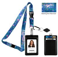 Claude Monet Water Lilies 1917 Print Lanyard with PU Leather ID Badge Holder Wallet with 3 Card Pockets, Safety Breakaway Clip & Matching Note Card. Gift of Carabiner Keychain Flashlight.