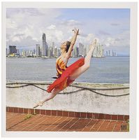 3dRose Ballerina dances leaps next to Pacific Ocean, with the city of Panama on tha background - Greeting Cards, 6 x 6 inches, set of 12 (gc_10024_2)