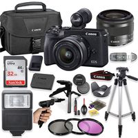 Canon EOS M6 Mark II Mirrorless Digital Camera (Black) EVF-DC2 Viewfinder Kit with 15-45mm STM Lens + Sandisk 32GB Card, Canon Case, Flash, Grip Tripod, 50" Tripod, and More.