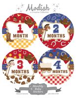 12 Monthly Baby Stickers, Western, Cowboy, Boy, Baby Belly Stickers, Monthly Onesie Stickers, First Year Stickers Months 1-12, Cowboy Hat, Cowboy Boot, Horse, Cow Print, Rope, Wagon, Red, Blue, Brown, Baby Boy