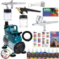 Master Pro Airbrush Multi-Purpose Airbrushing System with 3 Airbrushes, 6 U.S. Art Supply Primary Colors Acrylic Paint Set - Cool Running Air Compressor - Color Mixing Wheel, Usage Guide, Brushes