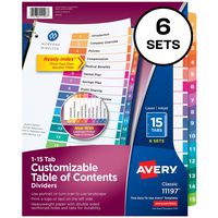 Avery 15-Tab Dividers for 3 Ring Binders, Customizable Table of Contents, Multicolor Tabs, 6 Sets (11197)