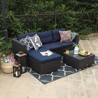 PHI VILLA 3 Piece New Patio Sectional Furniture Outdoor Sofa Set with Upgrade Rattan Wicker Navy Blue