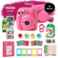 NeeGo Instax Mini 9 Instant Camera Bundle-Deluxe Kit with Camera, Matching Case & 4 Fun Film Packs-Rainbow, Stained Glass, Monochrome & White 50 Exposures for Instant Creative Photos-Flamingo Pink