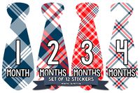 Months In Motion Monthly Baby Tie Stickers - Boy Month Milestone Necktie Sticker - Onesie Month Sticker - Infant Photo Prop for First Year - Shower Gift - Newborn Keepsakes- 12 Different Plaid Designs
