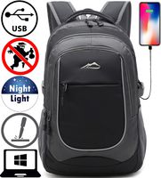 Backpack for School College Student Sturdy Bookbag Travel Business with USB Charging Port Laptop compartment Chest Straps Anti Theft Night Light Reflective (Black)