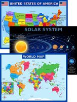 World Map Poster, United States USA Map, Solar System Posters for Kids - Laminated, Size 14x19.5 in.- Educational Posters for Elementary Classroom Decorations, Teacher Supplies (Maps and Solar)