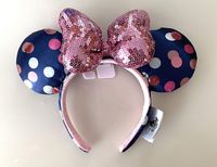 Disney Parks Minnie Mouse Navy Blue Polka Dot Ears Pink Sequin Bow Headband