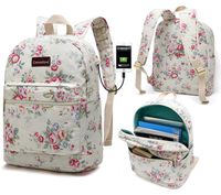 Canvaslove Canvas Waterproof laptop backpack with Massage Cushion Straps and USB charging port for laptop up to 15 inch Men Women Student Outdoor Travel Backpack (White Chinese Rose)