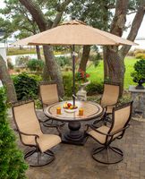 Hanover MONACO5PCSW-SU-P Furniture 5 Piece Monaco High Back Sling Swivel Chairs Set with Umbrella Outdoor Dining, Tan/Bronze