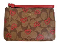 Coach Signature Canvas Corner Zip Wristlet with Crayon Hearts (Khaki Red Multi/Gold)