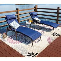 LOKATSE HOME 3 Pieces Outdoor Patio Chaise Lounges Chairs Set Adjustable with Folding Table, Dark Blue Cushions