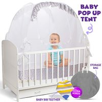 LA CHUPETA Crib Pop Up Tent - Safety Net Canopy Cover Protect Baby from Crib Rails, Falls and Mosquito Bites - See Through Mesh w/Decorative Border - Sturdy - Unisex - Bonus Bib with Teething Corner