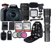 Canon EOS Rebel T7i DSLR Camera with Canon EF-S 18-135mm f/3.5-5.6 is STM Lens + Canon EF 75-300mm f/4-5.6 III Lens + 500mm f/8 Preset Lens + LED Light + Microphone + Video Accessory Bundle