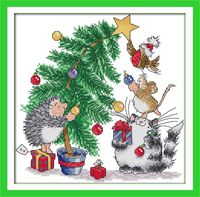 Printed Cross Stitch Kits 11CT 14X14 inch 100% Cotton Holiday Gift DIY Embroidery Starter Kits Easy Patterns Embroidery for Girls Crafts DMC Stamped Cross-Stitch Supplies Needlework Christmas Tree