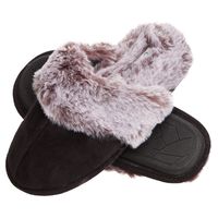 Jessica Simpson Comfy Faux Fur Womens House Slipper Scuff Memory Foam Slip On Anti-Skid Sole (Size Large, Black)
