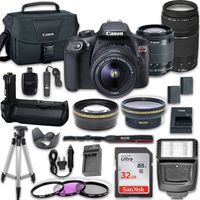 Canon EOS Rebel T6 Digital SLR Camera Kit with EF-S 18-55mm and EF 75-300mm Zoom Lenses+ Filters, Aux Lense, Power Grip, Remote, Tulip, 32GB SD Memory Card + More