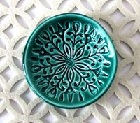 Green Ring Dish - Handmade Jewelry Bowl - Bohemian/Boho dish with stamped floral pattern and emerald green glaze
