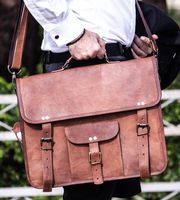 HandMadeCart Genuine Leather messenger bag For men and women | 16 inch Vintage brown tan Mens bags for laptop Breifcase Handcrafted Black Canvas Long Shoulder strap (Dark brown)