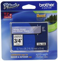 Brother Genuine P-Touch TZE-145 Tape, 3/4" (0.7") Standard Laminated P-Touch Tape, White on Clear, Laminated for Indoor or Outdoor Use, Water-Resistant, 26.2 ft (8 m), Single-Pack