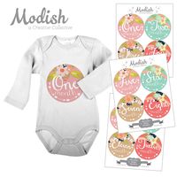 Modish - Creative Collective 12 Monthly Baby Stickers, Tribal, Flowers, Feathers, Arrows, Girl, Baby Belly Stickers, Girl, Monthly Onesie Stickers, Pink, Mint