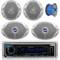 Kenwood KMRD365BT Bluetooth Marine Audio CD Player Receiver Bundle Combo With 2x JBL MS9520 6x9" 2-Way White Coaxial Marine Speakers + 2x JBL MS6510 6.5" Boat Speakers + Enrock 50 Ft 16g Speaker Wire