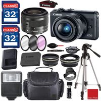 Canon EOS M100 Mirrorless Digital Camera (Black) with Canon EF-M 15-45mm is STM Lens + CC2 Case + 2 Piece 32GB Memory + HD Filters + Auxiliary Lenses + Professional Accessory Bundle