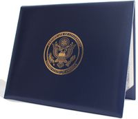 U.S. Citizenship and Naturalization certificate padded holder with cover. Gold American Eagle logo 'Certificate of Citizenship', 'United States of America'. Illustrated inside with the 14th Amendment