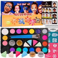 Miserwe Face Paint Kit-18 Colors,40 Stencils,1 Silver Sticker,2 Glitter Powder,4 Brushes, 4 Sponge Kit Professional Safe Non-Toxic Washable Body & Face Paint for Kids Adult